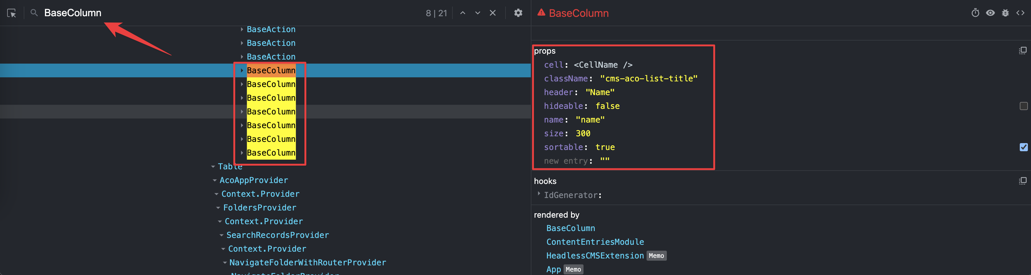 Discovering existing column names with React DevTools